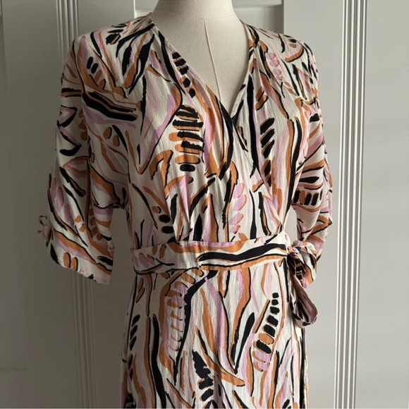 ba&sh Tabby Beige Pink Rust Abstract Wrap Style V-Neck Short Sleeve Dress Size S - Picture 4 of 14